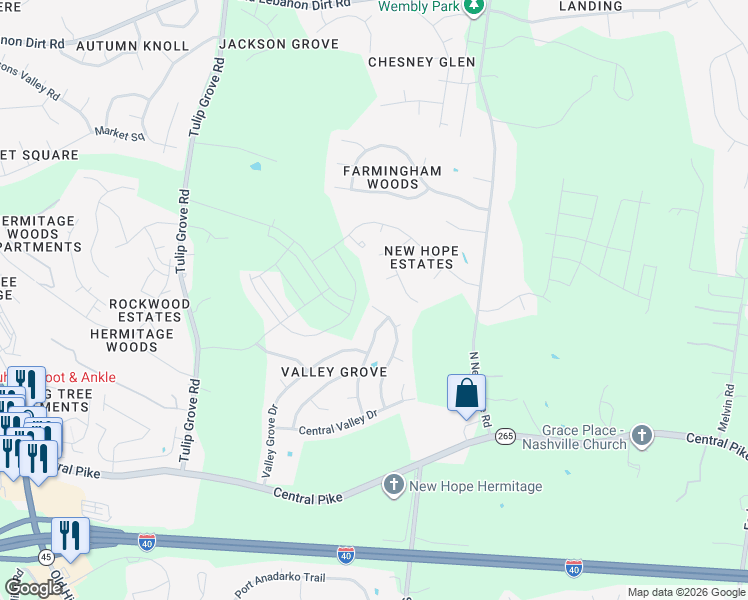 map of restaurants, bars, coffee shops, grocery stores, and more near 4672 Forest Ridge Drive in Nashville
