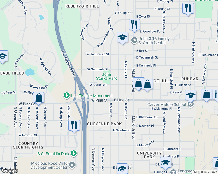 map of restaurants, bars, coffee shops, grocery stores, and more near 1544 North Main Street in Tulsa