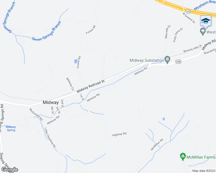 map of restaurants, bars, coffee shops, grocery stores, and more near 1460 Midway Road in Midway