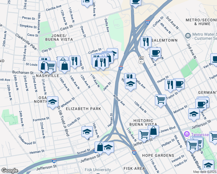 map of restaurants, bars, coffee shops, grocery stores, and more near 1640 Arthur Avenue in Nashville