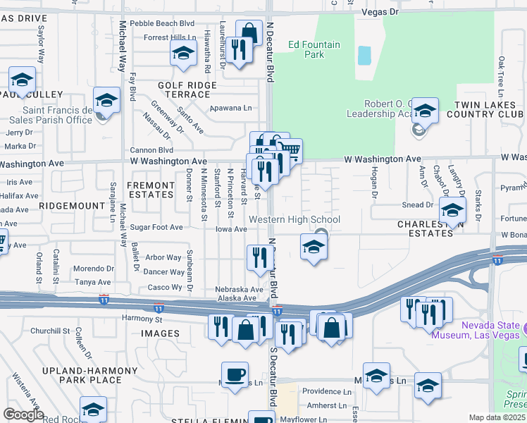 map of restaurants, bars, coffee shops, grocery stores, and more near 505 North Decatur Boulevard in Las Vegas