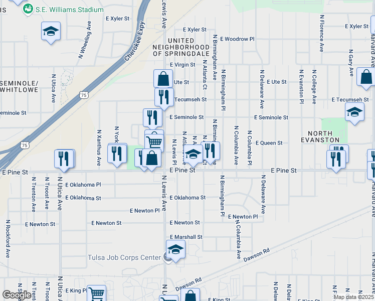 map of restaurants, bars, coffee shops, grocery stores, and more near 1603 North Atlanta Avenue in Tulsa