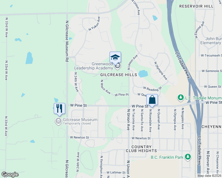 map of restaurants, bars, coffee shops, grocery stores, and more near 1607 North Waco Avenue in Tulsa