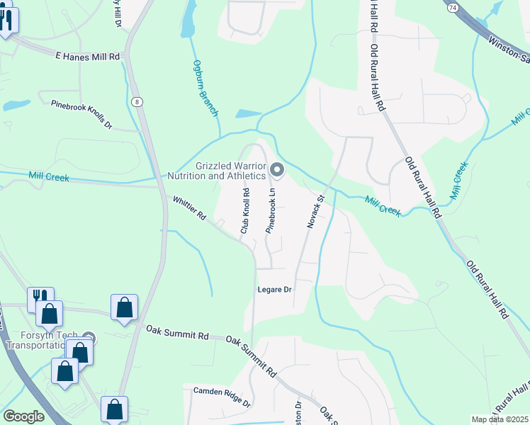 map of restaurants, bars, coffee shops, grocery stores, and more near 5530 Pinebrook Lane in Winston-Salem