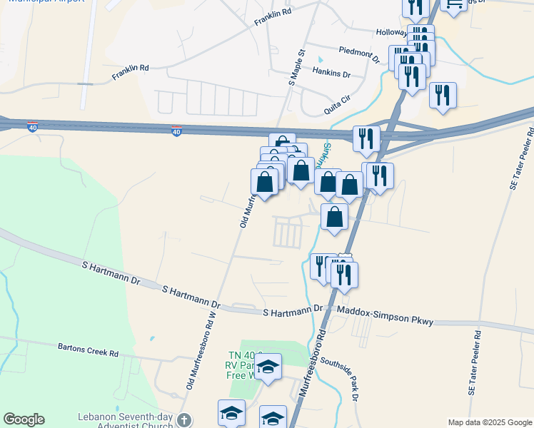 map of restaurants, bars, coffee shops, grocery stores, and more near 530 Outlet Village Boulevard in Lebanon
