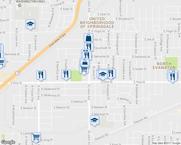 map of restaurants, bars, coffee shops, grocery stores, and more near 1605 North Lewis Avenue in Tulsa