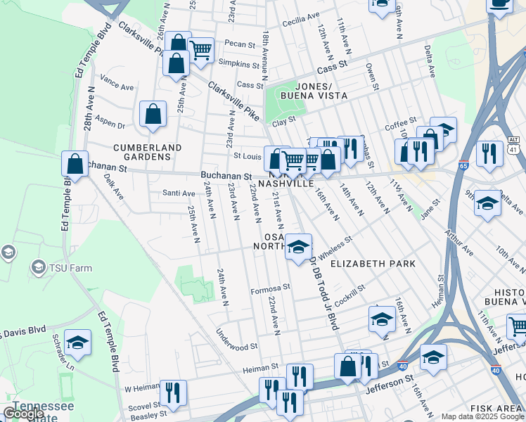 map of restaurants, bars, coffee shops, grocery stores, and more near 1734 22nd Avenue North in Nashville