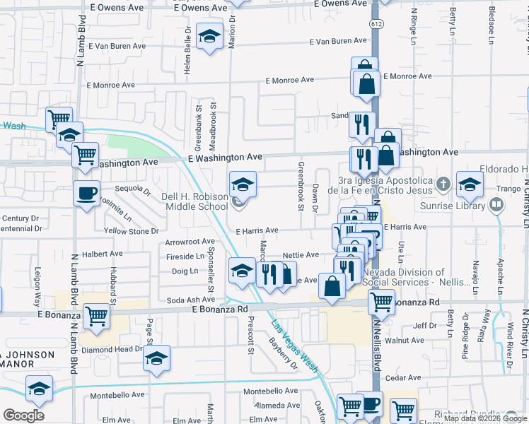 map of restaurants, bars, coffee shops, grocery stores, and more near 825 Marion Drive in Las Vegas