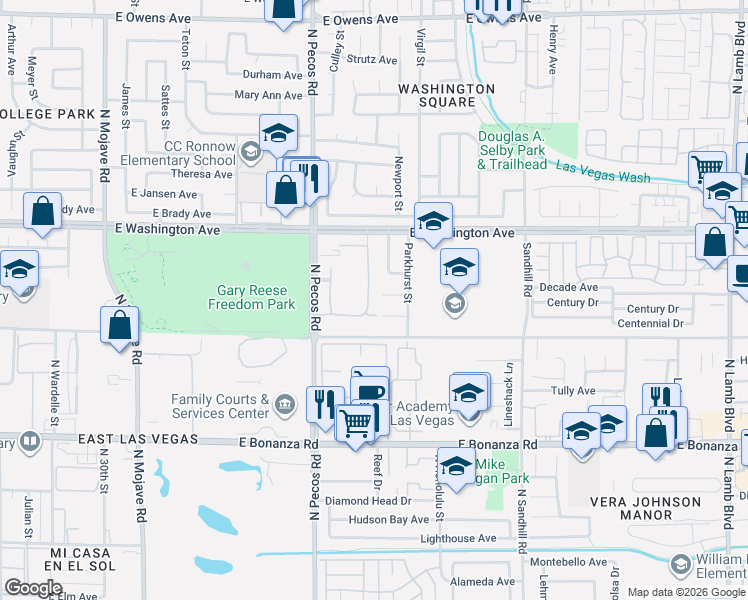 map of restaurants, bars, coffee shops, grocery stores, and more near 3621 Park Oliver Drive in Las Vegas
