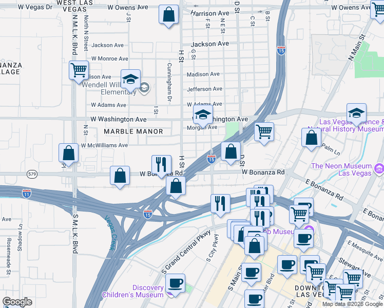 map of restaurants, bars, coffee shops, grocery stores, and more near 618 West Wilson Avenue in Las Vegas