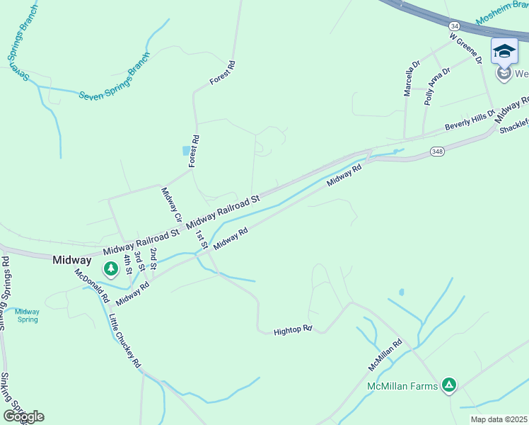 map of restaurants, bars, coffee shops, grocery stores, and more near 1460 Midway Road in Midway