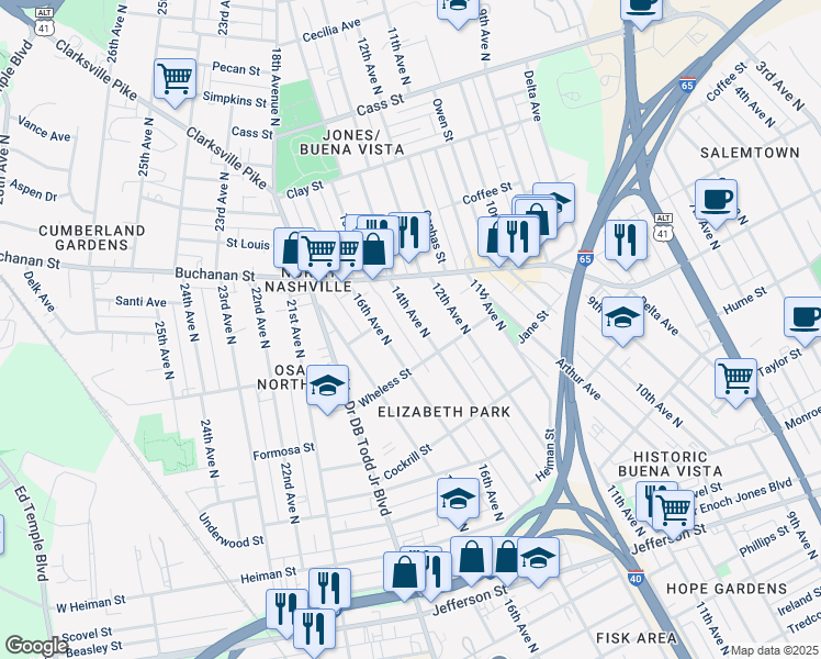 map of restaurants, bars, coffee shops, grocery stores, and more near 1712 14th Avenue in Nashville