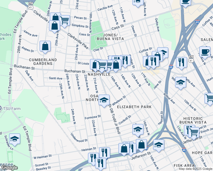 map of restaurants, bars, coffee shops, grocery stores, and more near 1724 17th Avenue North in Nashville
