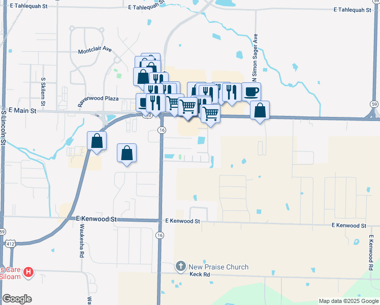 map of restaurants, bars, coffee shops, grocery stores, and more near 2910 Meridian Place in Siloam Springs