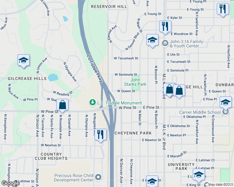 map of restaurants, bars, coffee shops, grocery stores, and more near 312 West Queen Street in Tulsa