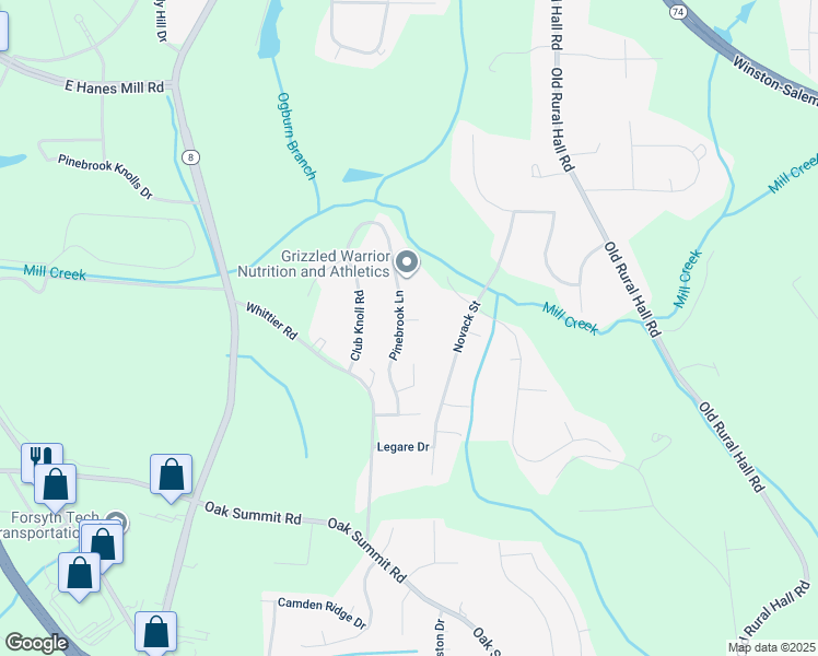 map of restaurants, bars, coffee shops, grocery stores, and more near 5531 Pinebrook Lane in Winston-Salem