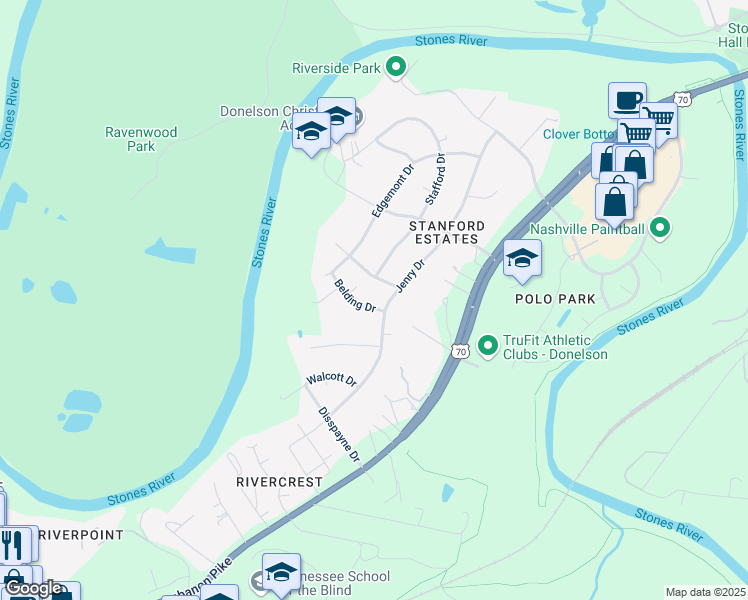 map of restaurants, bars, coffee shops, grocery stores, and more near 203 Belding Drive in Nashville