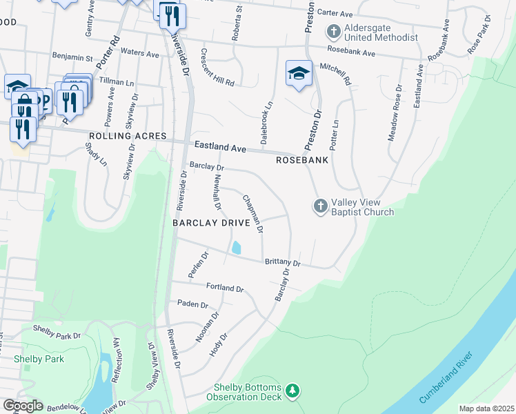 map of restaurants, bars, coffee shops, grocery stores, and more near 2419 Chapman Drive in Nashville