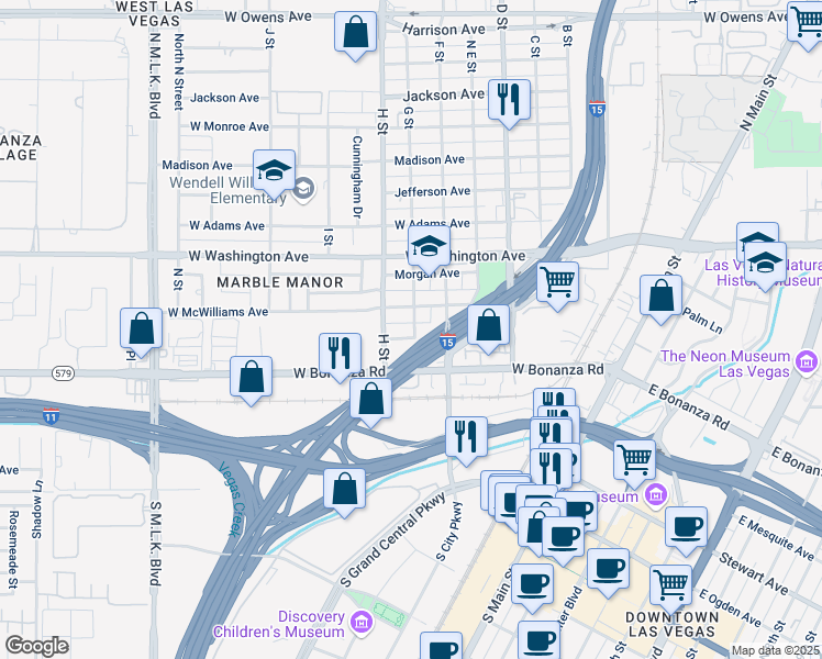 map of restaurants, bars, coffee shops, grocery stores, and more near 709 G Street in Las Vegas