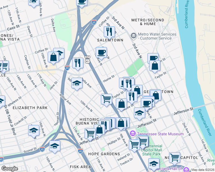 map of restaurants, bars, coffee shops, grocery stores, and more near 1350 Rosa L Parks Boulevard in Nashville