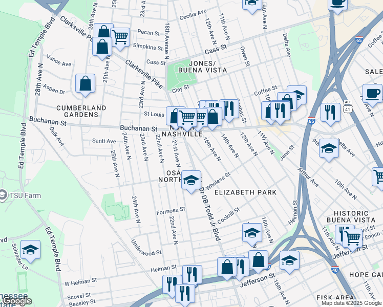 map of restaurants, bars, coffee shops, grocery stores, and more near 1724 17th Avenue North in Nashville