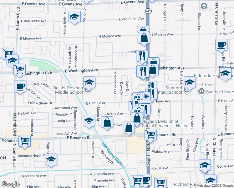 map of restaurants, bars, coffee shops, grocery stores, and more near 817 Greenbrook Street in Las Vegas