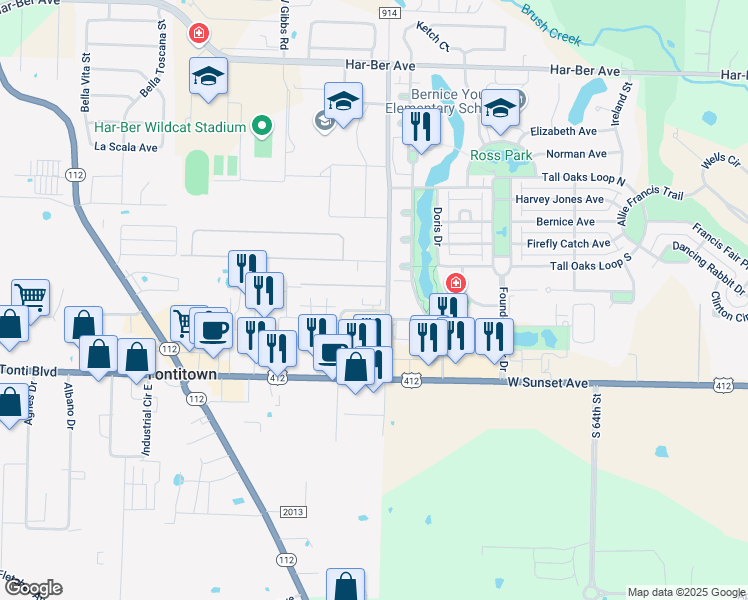 map of restaurants, bars, coffee shops, grocery stores, and more near 7260 Village Park Ave. in Springdale