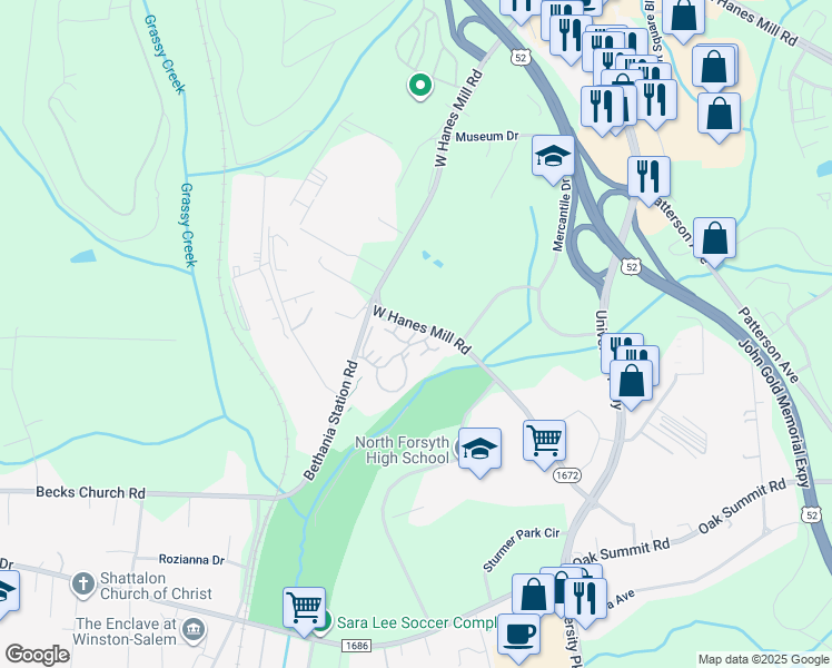 map of restaurants, bars, coffee shops, grocery stores, and more near 5800 West Hanes Mill Road in Winston-Salem