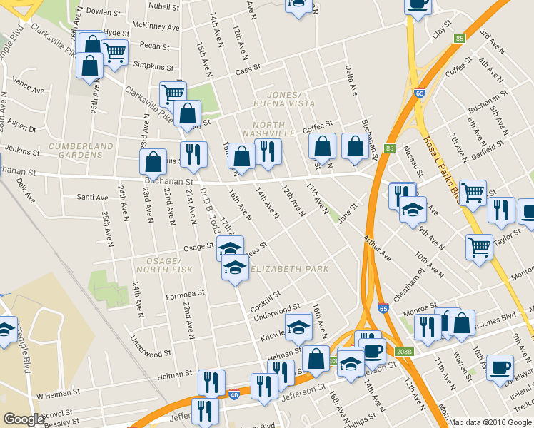 map of restaurants, bars, coffee shops, grocery stores, and more near 1717 14th Avenue North in Nashville