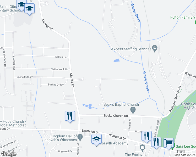 map of restaurants, bars, coffee shops, grocery stores, and more near 4600 Haven Crest Road in Winston-Salem
