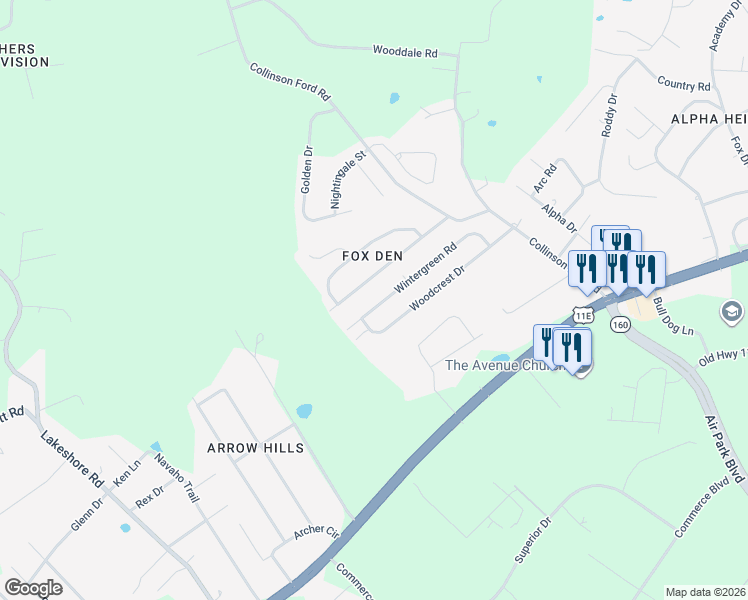 map of restaurants, bars, coffee shops, grocery stores, and more near 6296 Wintergreen Rd in Morristown