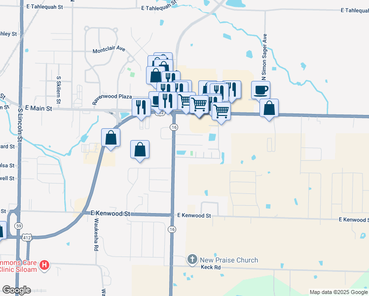map of restaurants, bars, coffee shops, grocery stores, and more near 2790 Meridian Place in Siloam Springs