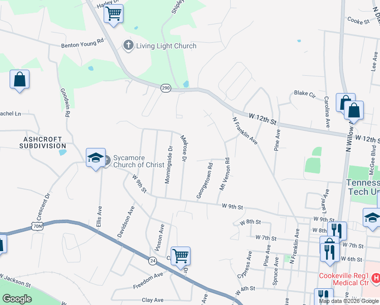 map of restaurants, bars, coffee shops, grocery stores, and more near 1015 Melrose Drive in Cookeville