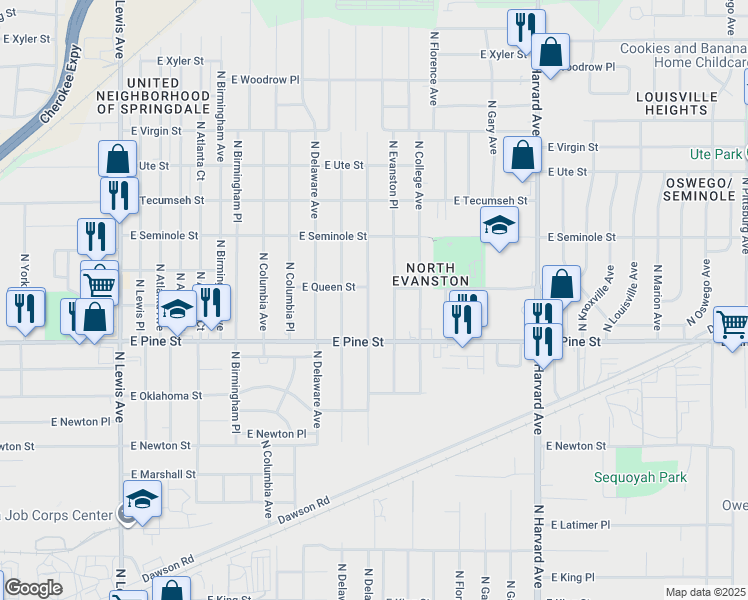map of restaurants, bars, coffee shops, grocery stores, and more near 1537 North Evanston Avenue in Tulsa
