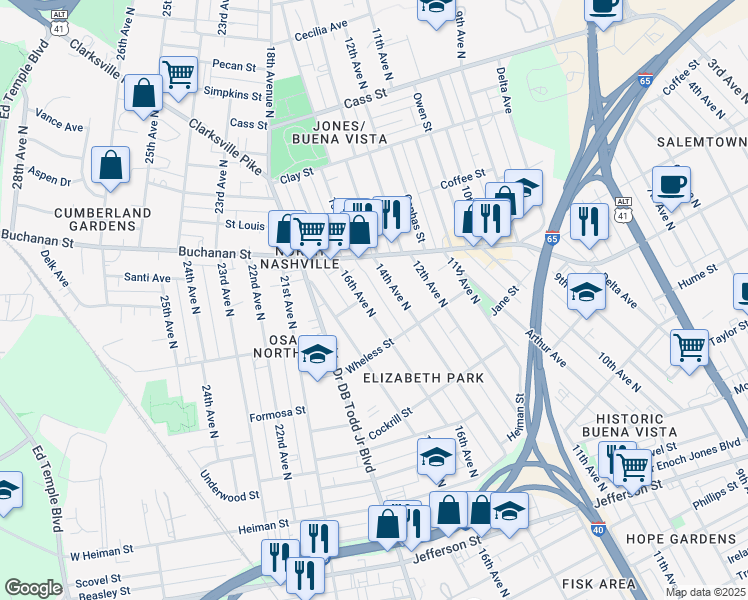 map of restaurants, bars, coffee shops, grocery stores, and more near 1726 16th Avenue North in Nashville