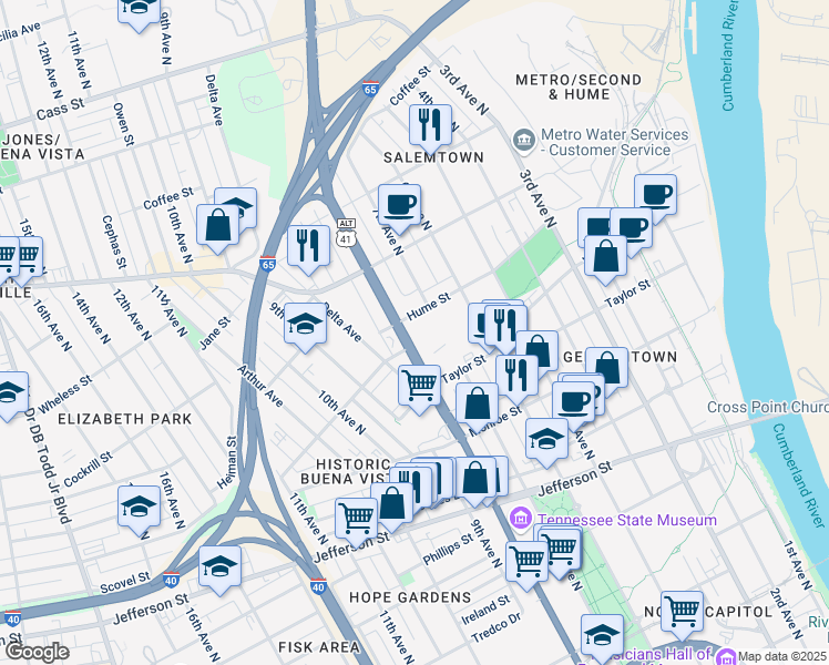 map of restaurants, bars, coffee shops, grocery stores, and more near 1400 Rosa L Parks Boulevard in Nashville