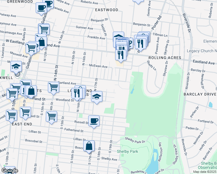 map of restaurants, bars, coffee shops, grocery stores, and more near 203 North 18th Street in Nashville