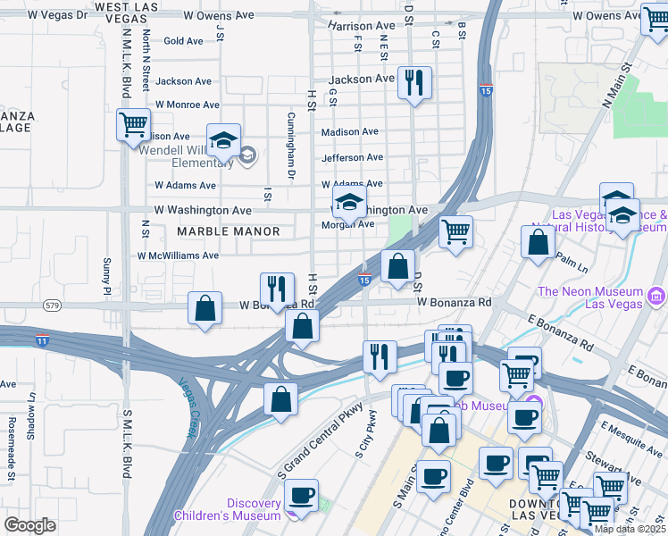 map of restaurants, bars, coffee shops, grocery stores, and more near 709 G Street in Las Vegas