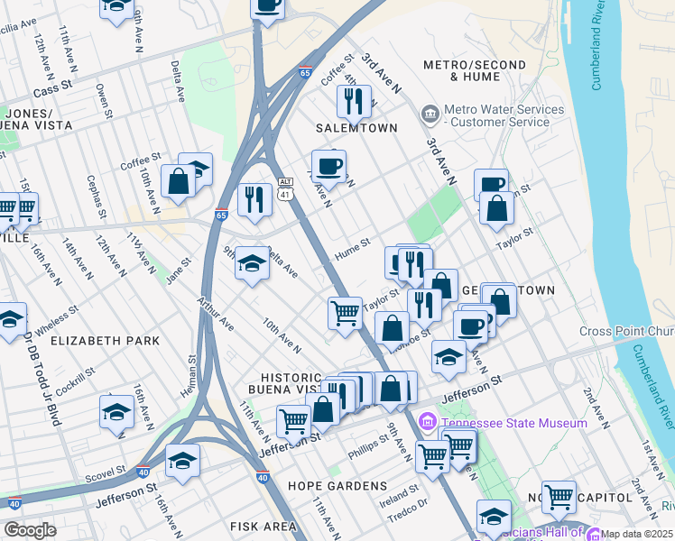 map of restaurants, bars, coffee shops, grocery stores, and more near in Nashville