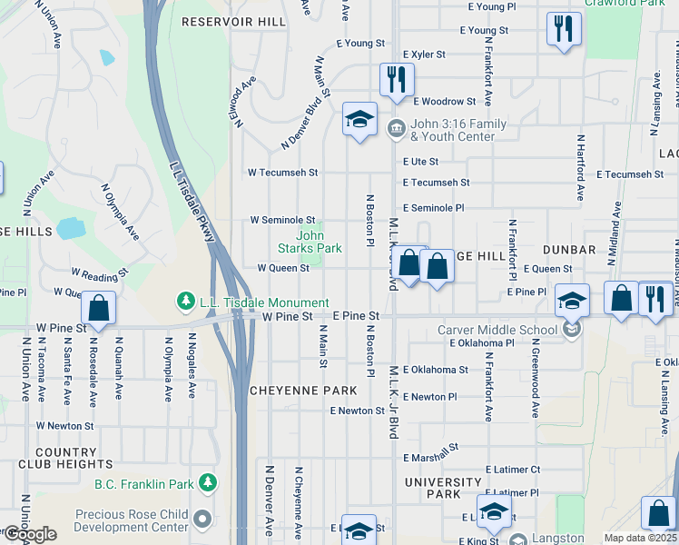 map of restaurants, bars, coffee shops, grocery stores, and more near 1543 North Boston Avenue in Tulsa