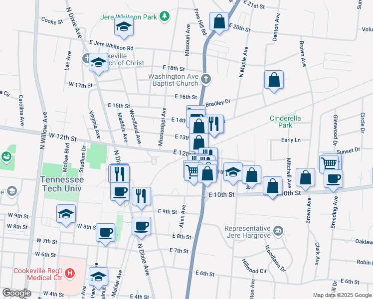 map of restaurants, bars, coffee shops, grocery stores, and more near 368 East 12th Street in Cookeville