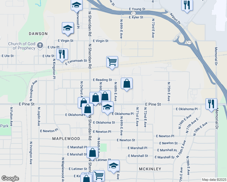 map of restaurants, bars, coffee shops, grocery stores, and more near 1536 North 68th East Avenue in Tulsa
