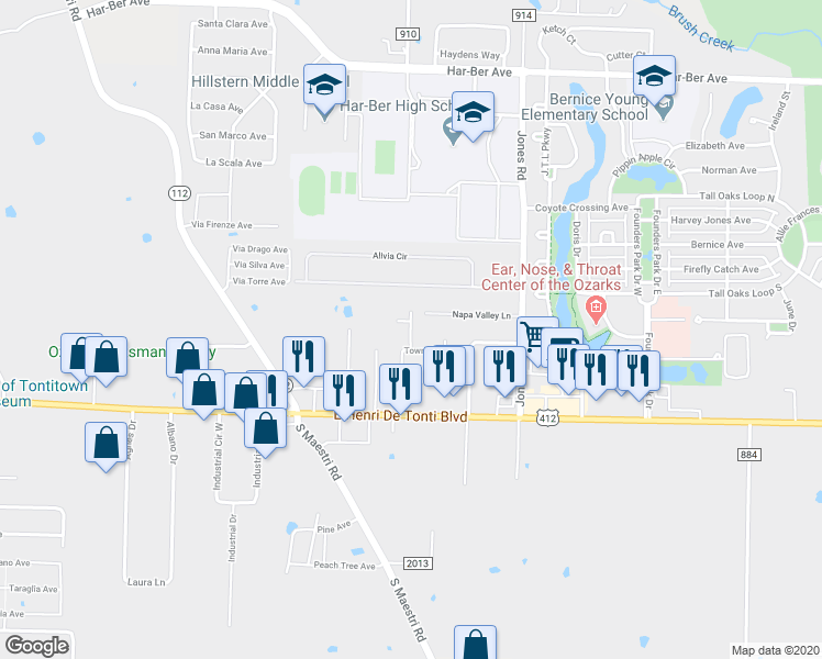 map of restaurants, bars, coffee shops, grocery stores, and more near 252 Arborside Road in Springdale