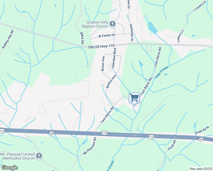 map of restaurants, bars, coffee shops, grocery stores, and more near 48 Indian Hills Circle in Greeneville