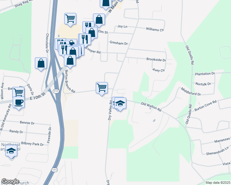 map of restaurants, bars, coffee shops, grocery stores, and more near 500 Dry Valley Road in Cookeville