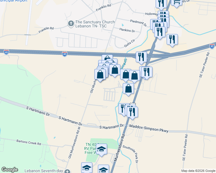 map of restaurants, bars, coffee shops, grocery stores, and more near 100 Outlet Village Boulevard in Lebanon