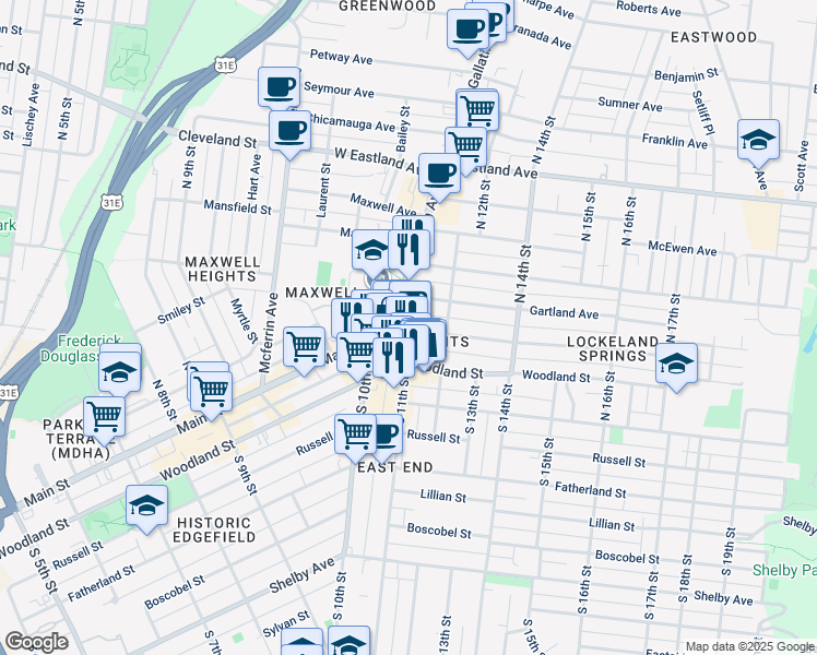 map of restaurants, bars, coffee shops, grocery stores, and more near in Nashville