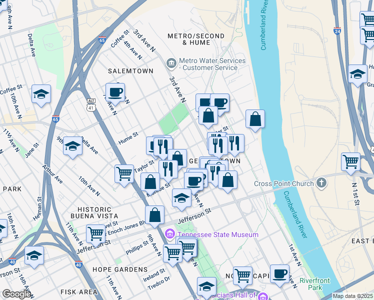 map of restaurants, bars, coffee shops, grocery stores, and more near 1322 4th Avenue North in Nashville