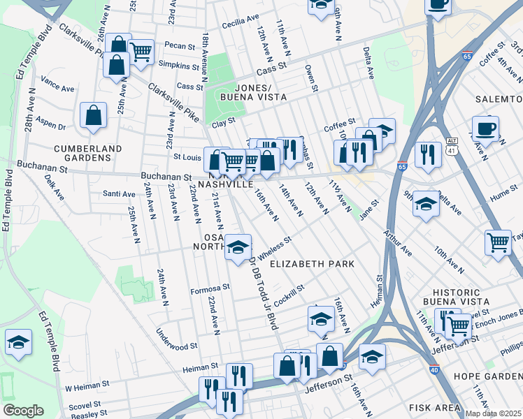 map of restaurants, bars, coffee shops, grocery stores, and more near 1724 17th Avenue North in Nashville