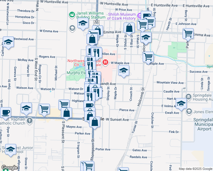 map of restaurants, bars, coffee shops, grocery stores, and more near 702 Shipley Street in Springdale